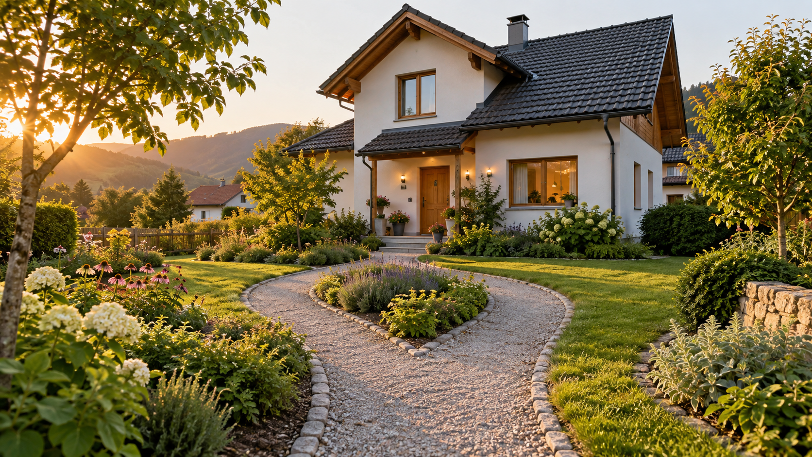 Österreichisches Wohnhaus mit zwei Gartenwegen zum Eingang